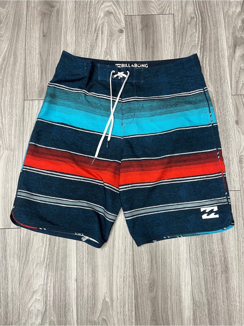 Billabong Men’s Navy Boardshorts with Turquoise & Red Stripes